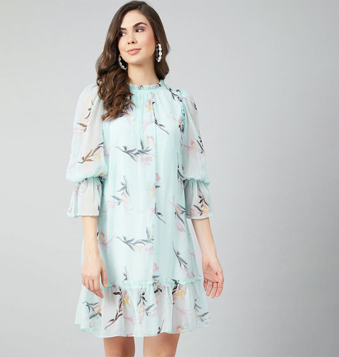 Turquoise Blue Floral Printed A-Line Dress
